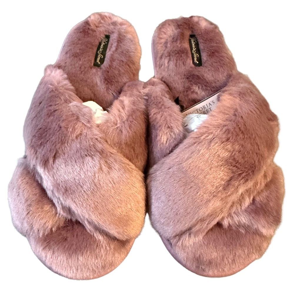 Victoria’s Secret Open Toe Faux Fur Slippers w/Carrying Bag